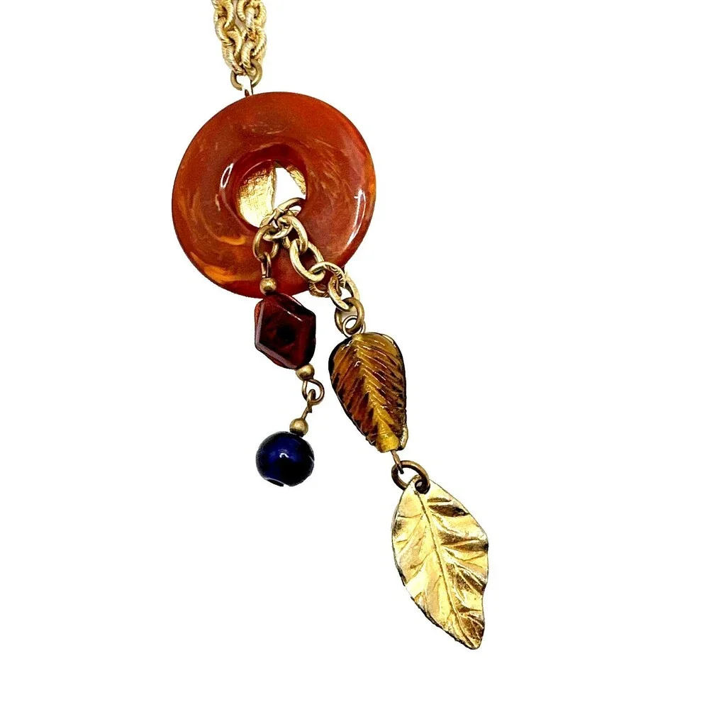 Vintage Tassel Necklace Long Gold Tone Chain Leaf Ring Statement Boho 33